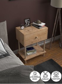 Resim Düşer Kapaklı Raflı Modern Komodin Yatak Odası Başucu Düzenleyici Ahşap Ayaklı Yan Sehpa- Safir Meşe Safir Meşe 