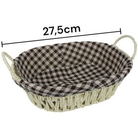 Resim Hasır Rattan Ekmeklik Ekmek Sepeti Oval Ekose Kumaş Krem 