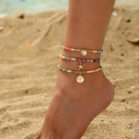 Resim 3 Adet Bohem Esnek Boncuklu Bileklik Seti, Yıldız Balığı, Tarak ve Barış Ağacı Charm'lı Renkli Cam Boncuklar, Vintage Boho Stili, Kadınlar İçin Elastik Ayak Bileği Bilezikleri, Günlük ve Hediye Fırsatları, Tüm Sezon Giyim 