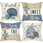 Resim 4 adet Keten Set Deniz Yıldızı Atma Yastık Kılıfları Vintage Çiftlik Mavi Kabuk Detayları ile, Fermuar Kapatma, Elde Yıkanabilir - Veranda, Patio, Koltuk ve Dış Dekorasyon için Mükemmel 16X16, 18X18, 20X20 (Yastık çekirdeği yok.) 