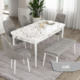 Resim Canisa Concept Eta Serisi 80 x 132 cm Açılabilir Mdf Mutfak Masa Takımı Beyaz Mermer Desen Masa 4 Sandalye ve 1 Bench 
