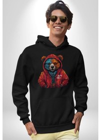 Resim Kırmızı Hoodie Ayı Kadın Erkek Siyah Kapüşonlu Sweatshirt Hoodie Siyah 