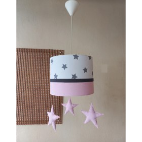 Resim Onay M-355 Beyaz Yıldızlı Pembe Kumaş Kaplama Çocuk Odası ve Genç Odası Avize Aydınlatma Sarkıt 