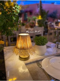 Resim Rafya &hasır Masa Üstü Kablosuz Pilli Abajur Eskitme Gold Saçaklı Eskitme Gold 