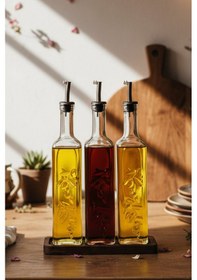 Resim Snippy Safir - Ahşap Standlı 3'lü Cam Damlatmaz Yağlık Sirkelik Zeytinyağı Sıvıyağ Şişesi Yağlık 500ml Ahşap 