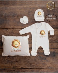 Resim yzc home size dair... E42 Ty Ekru Renk Isme Özel Isimli Baskılı Bebek Yastık Tulum Şapka Eldiven Set Hastane Çıkışı 