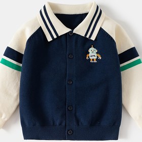 Resim Erkek ve Kız Çocukları için Robot Nakışlı Denim Kardigan - Mavi ve Beyaz İki Tonlu Tasarım, Uzun Kollu, Düğmeli Ön, Sonbahar ve İlkbahar için Mükemmel, Gençlerin Dış Giyimleri, Sonbahar Katman Parçası, Klasik Yaka Tasarımı, Dayanıklı Genç Giyim, Örgü 