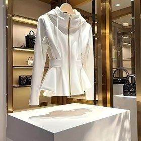 Resim Kadın Slim-Fit Kapüşonlu Fermuarlı Ceket - Düz Renk Beyaz, Uzun Kollu, Ön Cepli, Hafif ve Şık İlkbahar/Sonbahar için, Günlük Dış Giyim, İlkbahar Dış Giyim, Minimalist Tasarım, Zarif Kumaş 