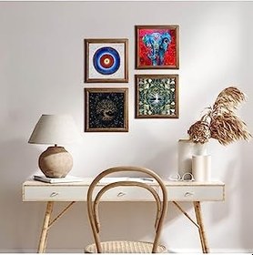 Resim Pinecone Nazar, Fil, Hayat Ağacı Taş Duvar Tablosu - Ahşap Çerçeveli Taş Tablo - 25x25 cm - 4 Parça Set - Dekoratif Duvar Sanatı - Modern Ev ve Ofis Duvar Dekoru W4-900 
