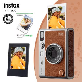 Resim Instax Mini Evo Kahverengi Fotoğraf Makinası 10lu Film ve Çerçeve 