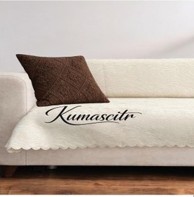 Resim Çekyat Koltuk Örtüsü Kaymaz Tabanlı Süngerli Kadife Kumaş Krem Rengi Gofraj Baskı Krem 