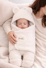 Resim Tomuycuk 0-12 Ay İçi Elyaflı Peluş Welsoft Kulaklı Ekru Dış Bebek Kundak & Battaniyesi Kışlık Uyku Tulumu 