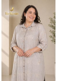 Resim Hermevsim Eloje Kadın Belur Büyük Beden Nakışlı Koton Düğmeli Bej Tunik Ceket 