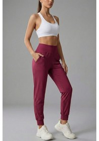 Resim Kadın Eşofman Yüksek Bel Jogger Scuba Kumaş Cepli Rahat Kesim Jogger Eşofman Altı Bordo 