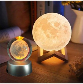 Resim 3d Ay Mom Sarı Renk Gece Lambası Ve Dolunay Ay Gezegen Işıklı Cam Küre 