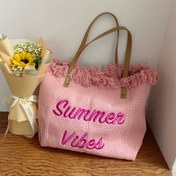 Resim Yazlık Nakışlı Püskül Detaylı Büyük Pembe "Summer Vibes" Plaj Çantası - Dayanıklı Dokuma Kumaş, Günlük Kullanım & Piknikler İçin, Seyahat Aksesuarı, Trendy Dış Mekan Çantası, Açık Hava Tutkunları 