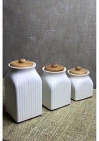 Resim 3' Lü Vakumlu Ahşap Kapaklı Beyaz Baharat Seti Takımı Ahşap - Beyaz 