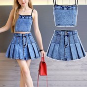 Resim Kızlar için Trendy Ürünler, İmitasyon Faux Denim Baskılı Kolsuz Üst ve Etek, Rahat ve Konforlu, Dijital Baskı Makinede Yıkanabilir, Dış Mekanlar İçin 