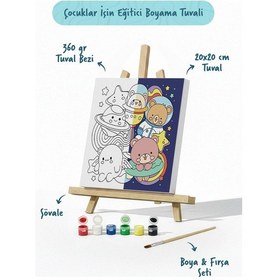 Resim Uzay & Astronot Ayıcık Figürlü Çocuk Boyama Tuvali Şövaleli Boya Seti 20x20 