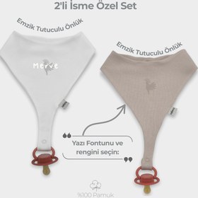 Resim İsme Özel 2'li Emzik Tutuculu Önlük Seti %100 Pamuklu Taş Rengi - Standart 22x16 Cm 