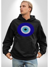 Resim Nazar Boncuğu Kadın Erkek Siyah Kapüşonlu Sweatshirt Hoodie Siyah 