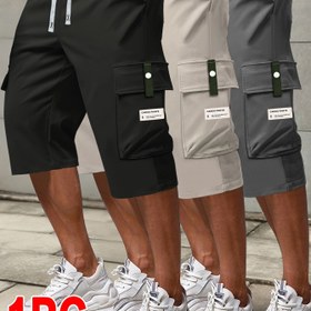 Resim 1 adet Erkek Yaz Rahat Kargo Şortu, Orta Bel Düğmeli Büyük Cep Detaylı, Düz Renk Polyester, Harf Yama Tasarımı, Günlük Giyim için Şık 