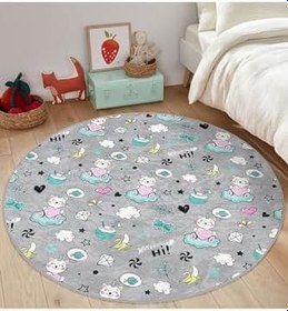 Resim RealHomes Gri Zemin Bulut Üstünde Kalpli Kedi Çocuk Odası Makinede Yıkanır Kaymaz Tabanlı Yuvarlak Halı HaliYuv-Comfort-1091gri, 180 x 180 