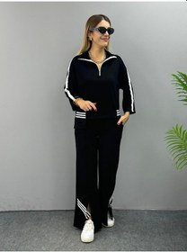 Resim Defymoda Kadın Polo Yaka Paça Yırtmaçlı Ribanalı İkili Takım Siyah 