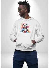 Resim Renkli Yavru Panda Kadın Erkek Beyaz Kapüşonlu Sweatshirt Hoodie Beyaz 