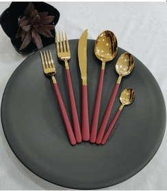 Resim 18 Parça Kırmızı Titanyum Gold Çatal Kaşık Bıçak Seti Kırmızı Gold 