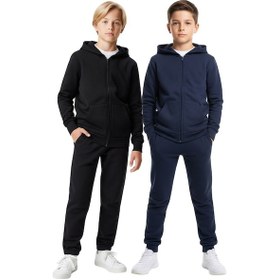 Resim Panios Kids 2'li Fermuarlı Kanguru Cepli Kapüşonlu Düz Baskısız Erkek Çocuk Eşofman Takımı Siyah - Lacivert 