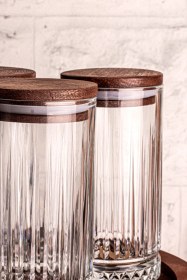 Resim Tomira - 7 Parça Ahşap Döner Standlı Vakumlu Kapaklı Cam Saklama Kabı Baharatlık Seti 450 Ml Ahşap 