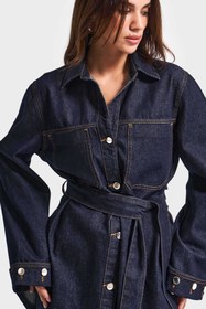 Resim Kadın İndigo Renk 7w5-50 Kemer Detaylı %100 Koton Denim Trençkot - indigo / M/L 