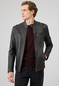 Resim Leonard Erkek Kahverengi Vintage Slim-fit Deri Ceket - Kahverengi / L 