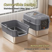 Resim Ekstra Büyük Ağır Hizmet Tipi Kedi Tuvalet Kabı - Çıkarılabilir Kapaklı, 36L Kapasite (1 Ay Dayanıklı, 14.97 KG'a Kadar Kediler İçin), Paslanmaz Çelik Taban & ABS Görünümlü Kenarlar, Açık/Yarı Kapalı Tasarım Kolay Temizlik için - Büyük Evler ve Çoklu Kediler için İdeal - Modern Gri - Kolay Montaj & Alan Tasarruflu Dikdörtgen Şekil, Evcil Hayvan Hijyen Çözümü, Şık Aksesuar, Kolay Temizlenebilir Malzeme, Kapalı Kedi Tuvaleti, Evde Evcil Hayvan Bakımı 