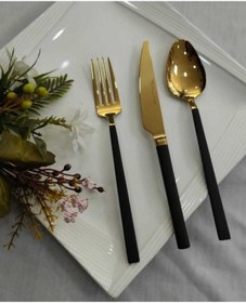 Resim Stayle Siyah Gold 18 Parça Çatal Kaşık Bıçak Set Ekru 
