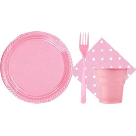 Resim Almila Store Pembe 25 Kişilik Plastik Bardak Çatal Tabak Puantiyeli Peçete Takımı Parti Seti 