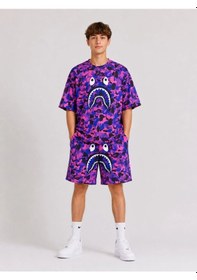 Resim Erkek Çocuk Oversize Kalıp Pubg Bape X Shark Nakışlı Cepli Şort Takım - Mor 