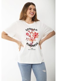 Resim Kadın Büyük Beden Kemik Ön Baskılı Kısa Kollu Bluz 65n37241-kemik Kemik 