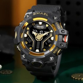 Resim Hanyang Siyah Altın Smael Çift Ekran Spor Izle Erkekler Için Su Geçirmez Lüks Mavi Arka Işık LED Saat Erkek Kuvars Dijital Askeri Kol Saati Erkek (Yurt Dışından) 
