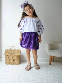 Resim Kız Çocuk Mor Yıldızlı Pullu Etekli Takım 