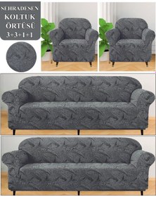 Resim StarMall Jakarlı Sehra Desen Koltuk Örtüsü, kanepe, çekyat Kılıfı Yıkanabilir Streçli Lastkli Esnek 3311 Takımı Antrasist 