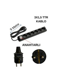 Resim Avarson 6'lı Altılı Priz Topraklı Anahtarlı Kablolu Siyah 3x1,5 Ttr 9 Dokuz Metre 