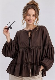 Resim GLOW MUSE Kolu Lastikli Önü Bağlamalı Katlı Kimono -Kahverengi 