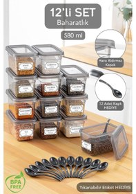 Resim 12'li Sızdırmaz Kapaklı Kaşıklı Baharatlık Seti - Etiketli Baharat Saklama Kabı - 12 X 580 Ml Gri 