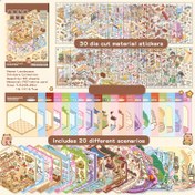 Resim 50 Dekoratif DIY Ev Çıkartmaları, Peyzaj Çıkartmaları, Sahne Çıkartmaları (30 Malzeme Çıkartması + 20 Beyaz Kart), Gençler için 3D Miniatur Köy Çıkartmaları DIY Scrapbook Eğitici Oyuncak, Tekrar Kullanılabilir, Çeşitli Boyutlarda Mevcut 
