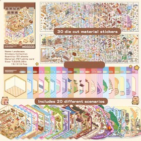 Resim 50 Dekoratif DIY Ev Çıkartmaları, Peyzaj Çıkartmaları, Sahne Çıkartmaları (30 Malzeme Çıkartması + 20 Beyaz Kart), Gençler için 3D Miniatur Köy Çıkartmaları DIY Scrapbook Eğitici Oyuncak, Tekrar Kullanılabilir, Çeşitli Boyutlarda Mevcut 