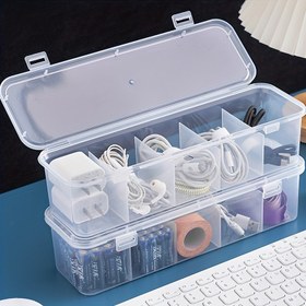 Resim 1 adet Çok Fonksiyonlu Kablo Düzenleyici Kutu, PP Malzeme, Şarj Kabloları ve Aksesuarları için Masaüstü Depolama, Ev ve Ofis Kullanımı için Bölmeler, Teknoloji Aksesuar Tutucu | Şeffaf Tasarım | Dayanıklı Depolama, Kablo Tutucu 