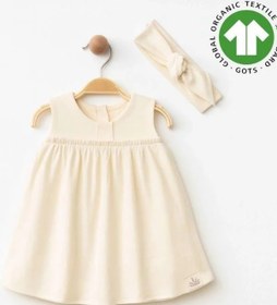 Resim Zekids Kız Bebek Organik Pamuklu Bandanalı Kolsuz Elbise-15906 Krem 