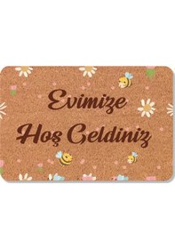 Resim Modern Dijital Baskı - Hoş Geldiniz Yazalı Paspas - Kaymaz Taban Kapı Önü Paspası Bej 
